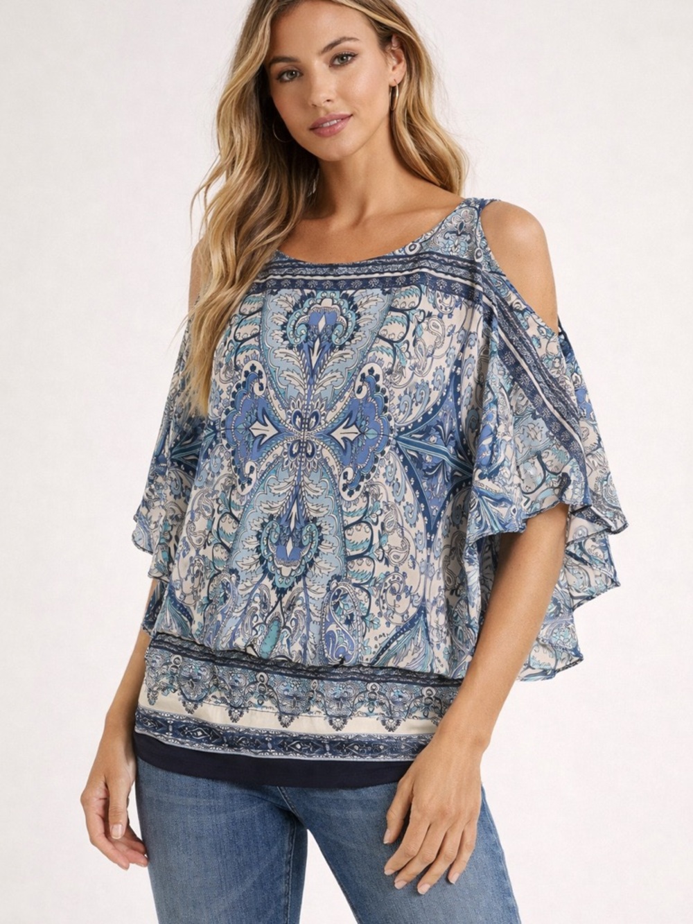 Coco Bianco Cold Shoulder Blouse Blue Paisley Boho Flowy Large